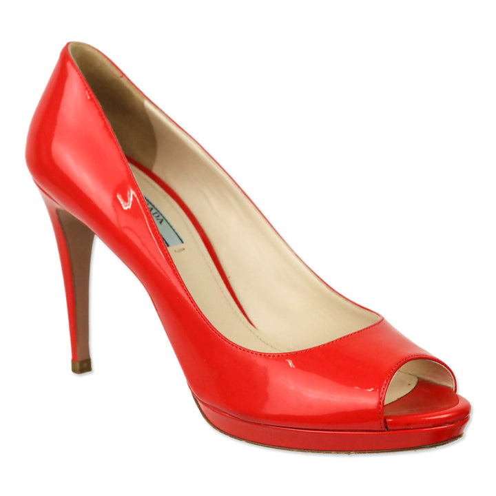 Prada Poppy Red Patent Leather Peep Toe Pumps