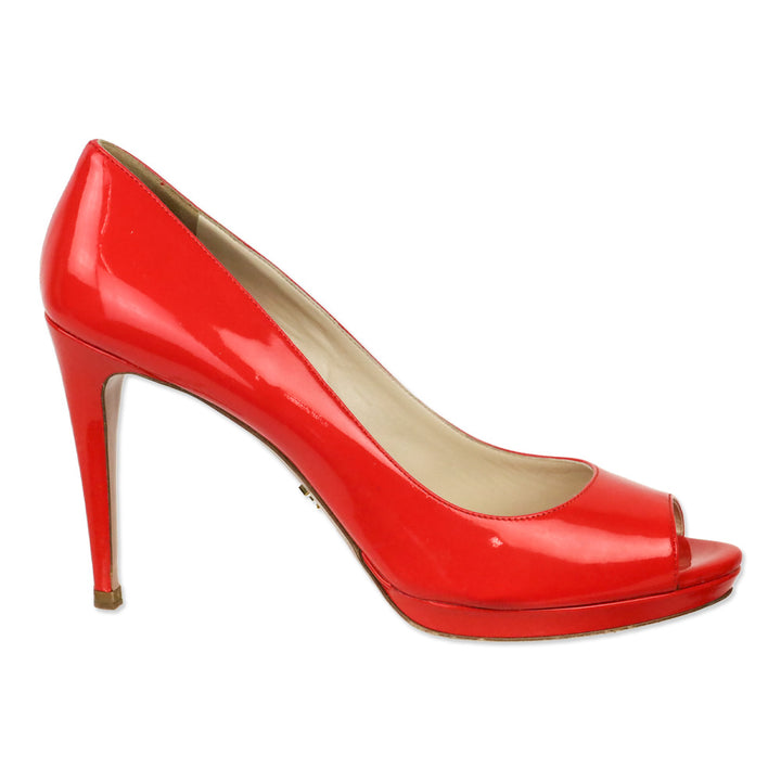 Prada Poppy Red Patent Leather Peep Toe Pumps