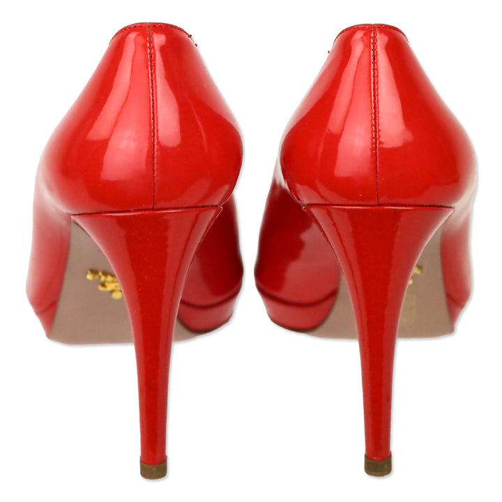 Prada Poppy Red Patent Leather Peep Toe Pumps