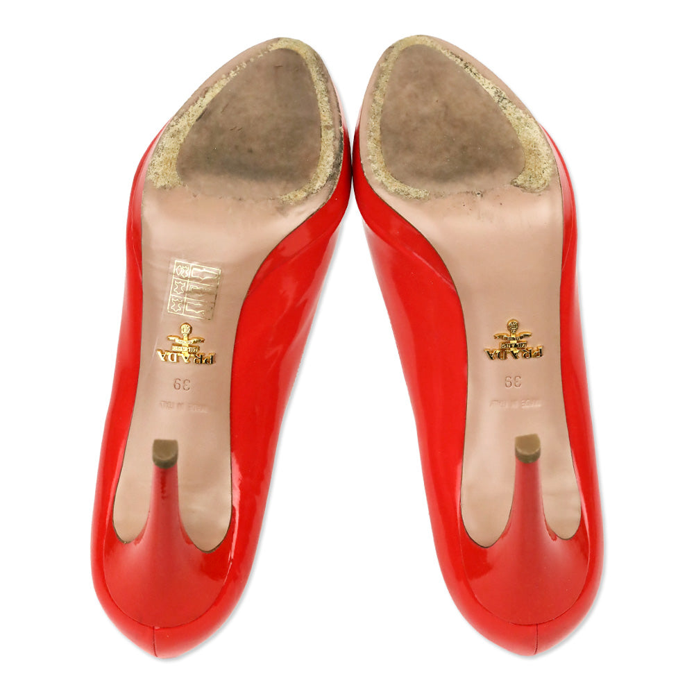 Prada Poppy Red Patent Leather Peep Toe Pumps