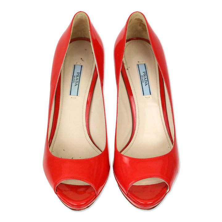 Prada Poppy Red Patent Leather Peep Toe Pumps