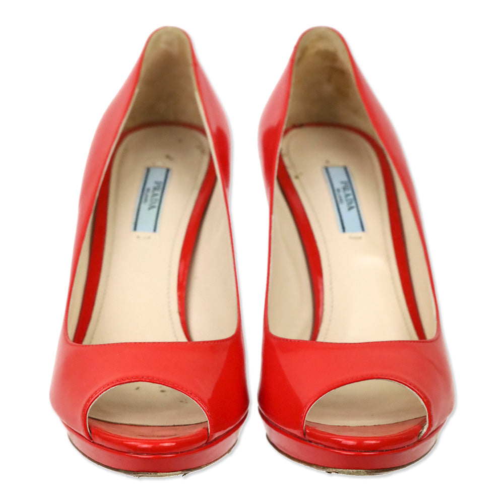 Prada Poppy Red Patent Leather Peep Toe Pumps
