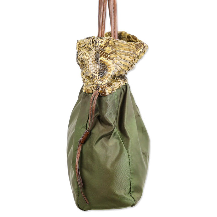 Prada Python Trimmed Olive Tessuto Logo Drawstring Tote