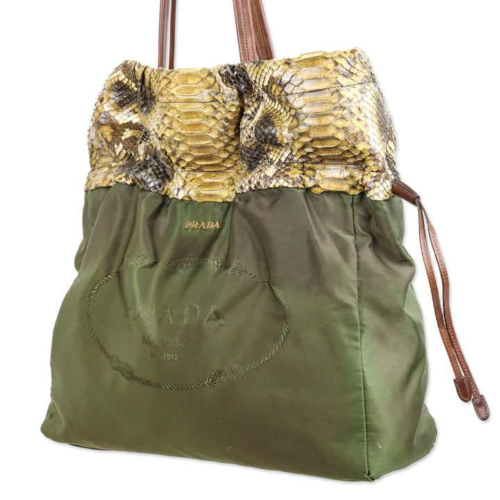 Prada Python Trimmed Olive Tessuto Logo Drawstring Tote