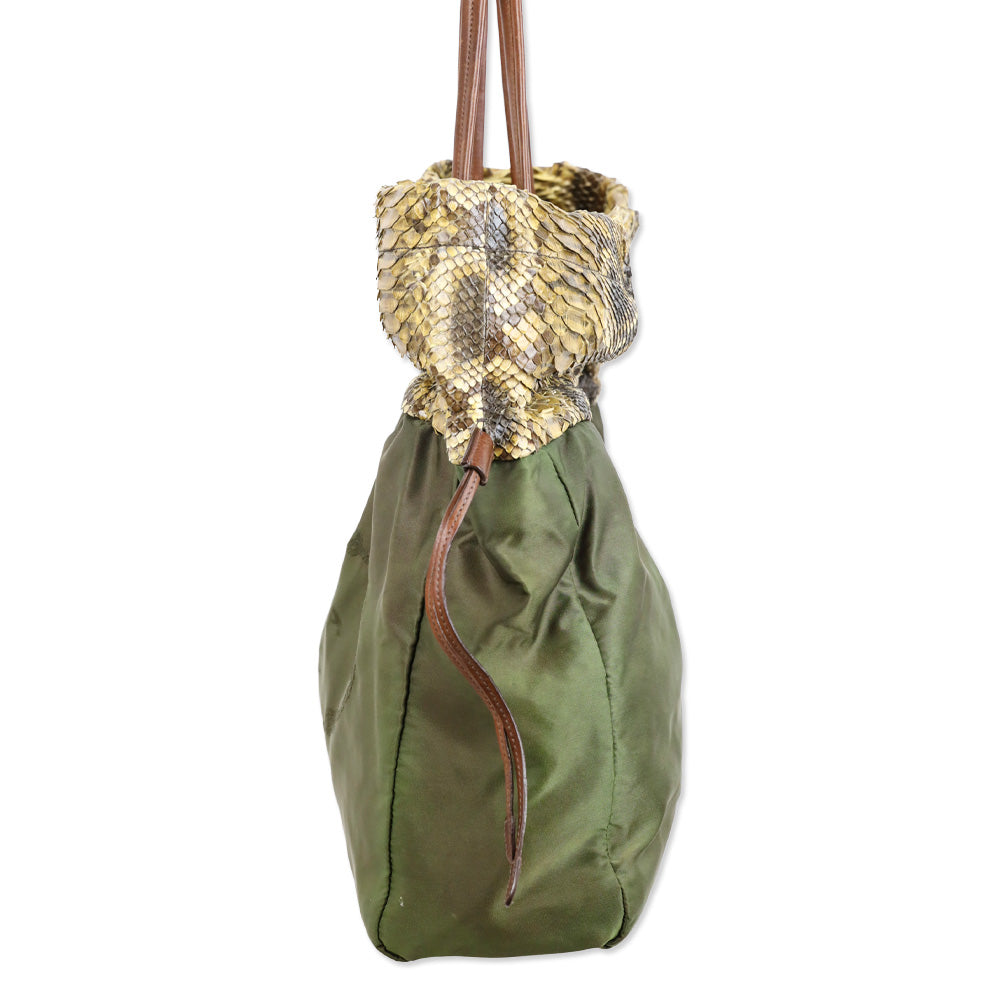 Prada Python Trimmed Olive Tessuto Logo Drawstring Tote