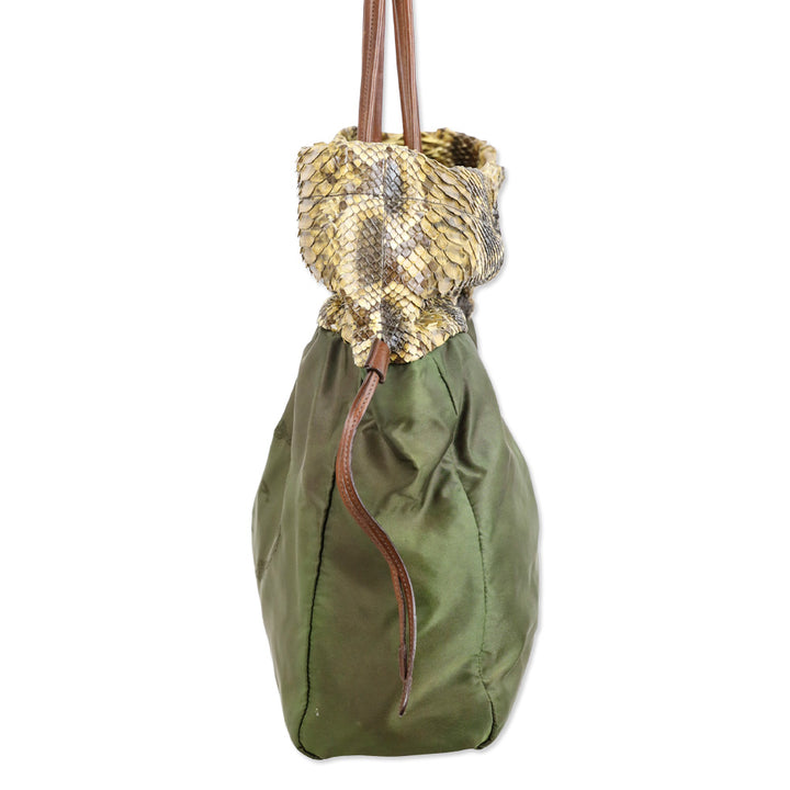 Prada Python Trimmed Olive Tessuto Logo Drawstring Tote