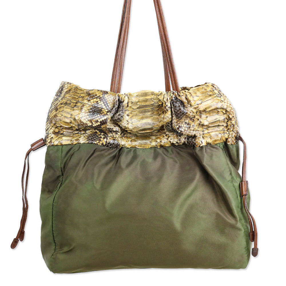 Prada Python Trimmed Olive Tessuto Logo Drawstring Tote
