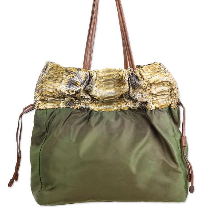 Prada Python Trimmed Olive Tessuto Logo Drawstring Tote