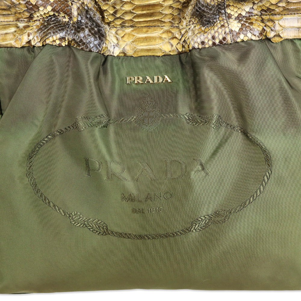 Prada Python Trimmed Olive Tessuto Logo Drawstring Tote
