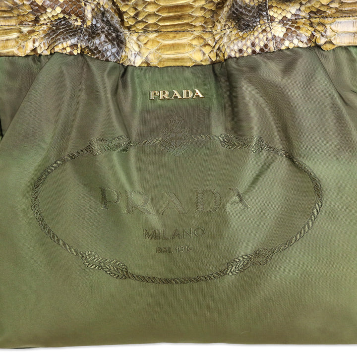 Prada Python Trimmed Olive Tessuto Logo Drawstring Tote