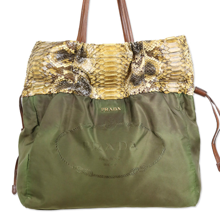 Prada Python Trimmed Olive Tessuto Logo Drawstring Tote