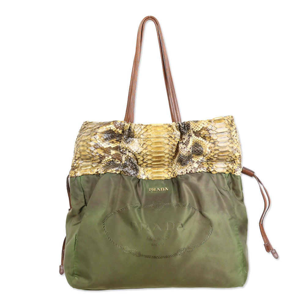 Prada Python Trimmed Olive Tessuto Logo Drawstring Tote