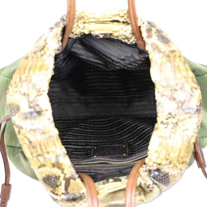 Prada Python Trimmed Olive Tessuto Logo Drawstring Tote