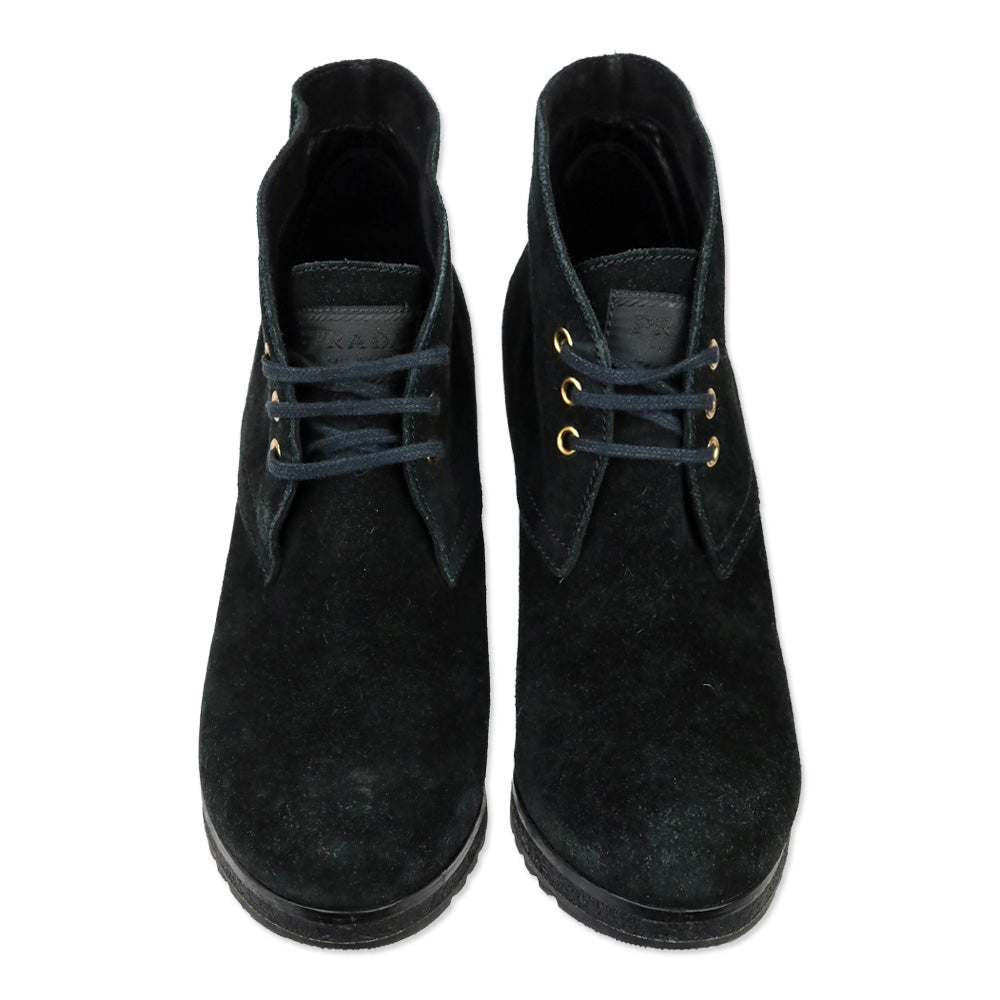 Prada Sport 3-Eyelet Lace Up Black Suede Booties