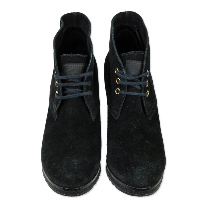Prada Sport 3-Eyelet Lace Up Black Suede Booties