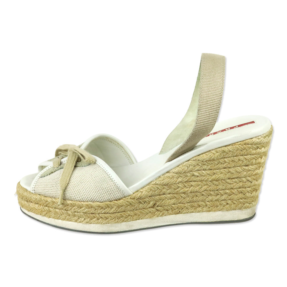 Prada Sport Beige Canvas Lace-Up Slingback Wedge Espadrille Sandals