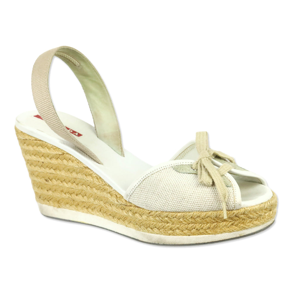 Prada Sport Beige Canvas Lace-Up Slingback Wedge Espadrille Sandals