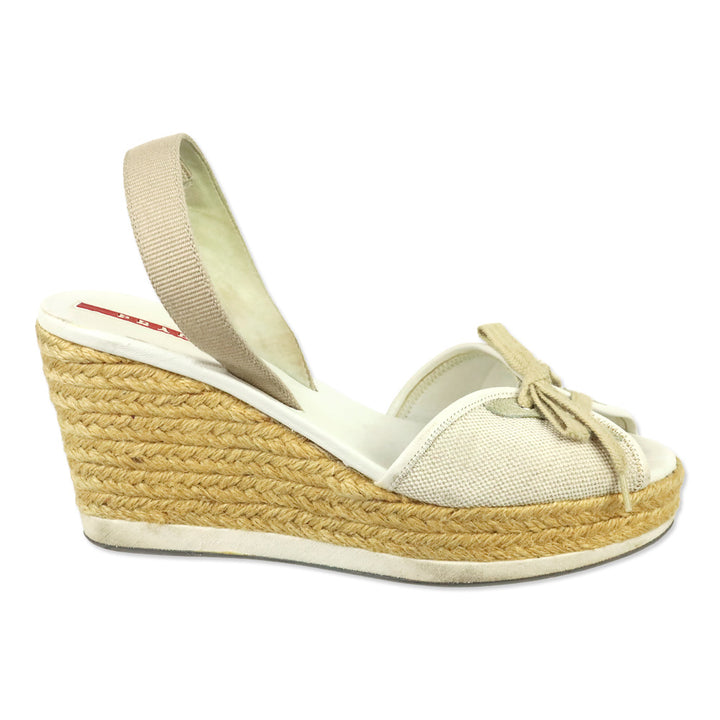 Prada Sport Beige Canvas Lace-Up Slingback Wedge Espadrille Sandals