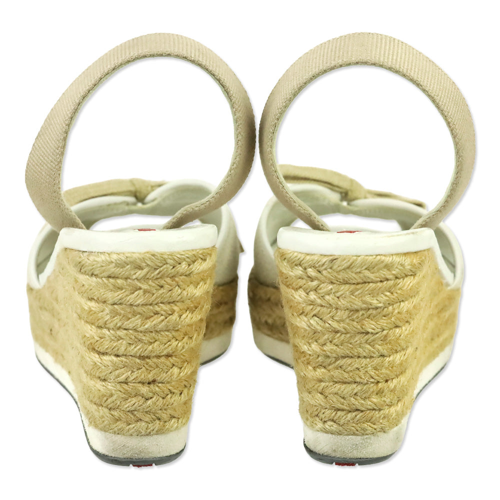 Prada Sport Beige Canvas Lace-Up Slingback Wedge Espadrille Sandals