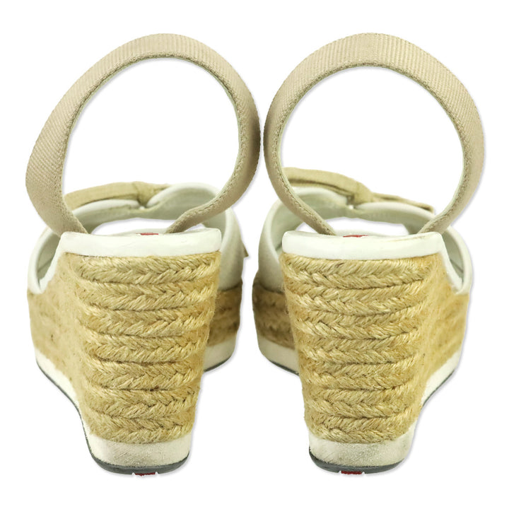 Prada Sport Beige Canvas Lace-Up Slingback Wedge Espadrille Sandals