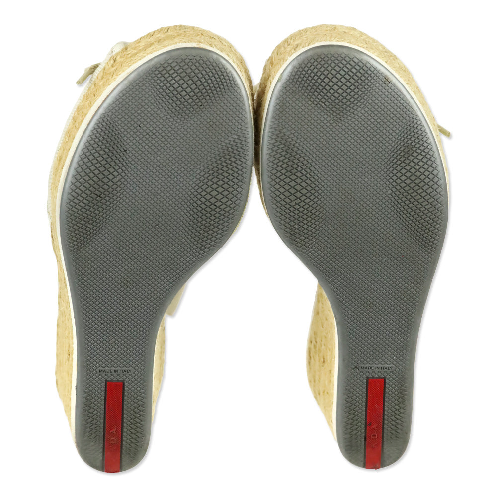 Prada Sport Beige Canvas Lace-Up Slingback Wedge Espadrille Sandals