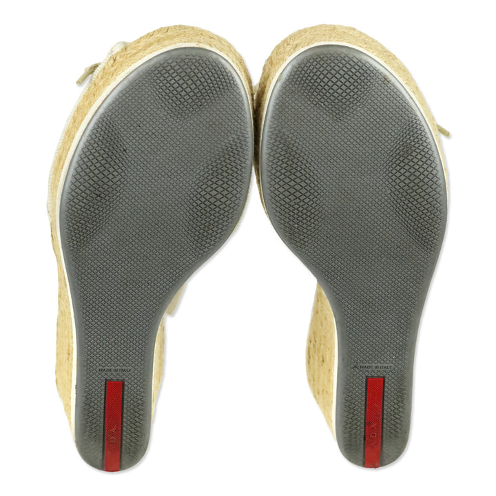 Prada Sport Beige Canvas Lace-Up Slingback Wedge Espadrille Sandals