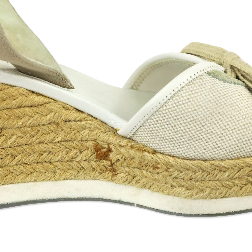 Prada Sport Beige Canvas Lace-Up Slingback Wedge Espadrille Sandals