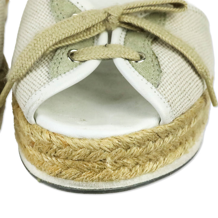 Prada Sport Beige Canvas Lace-Up Slingback Wedge Espadrille Sandals