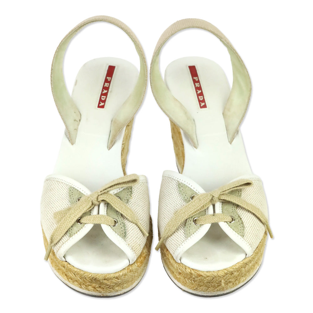 Prada Sport Beige Canvas Lace-Up Slingback Wedge Espadrille Sandals