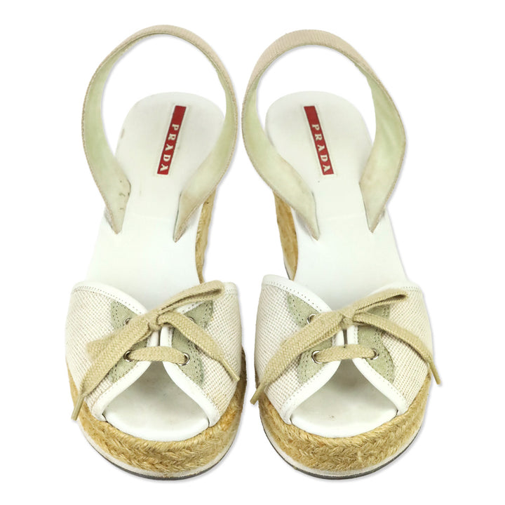 Prada Sport Beige Canvas Lace-Up Slingback Wedge Espadrille Sandals