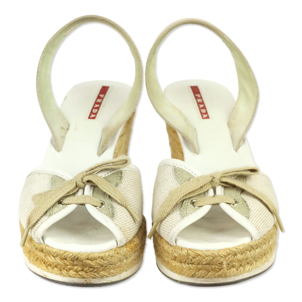Prada Sport Beige Canvas Lace-Up Slingback Wedge Espadrille Sandals