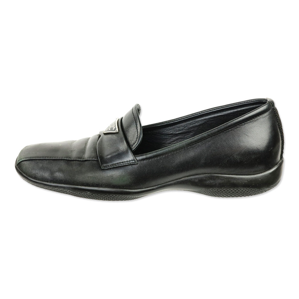 Prada Sport Black Leather Logo Plaque Penny Loafers