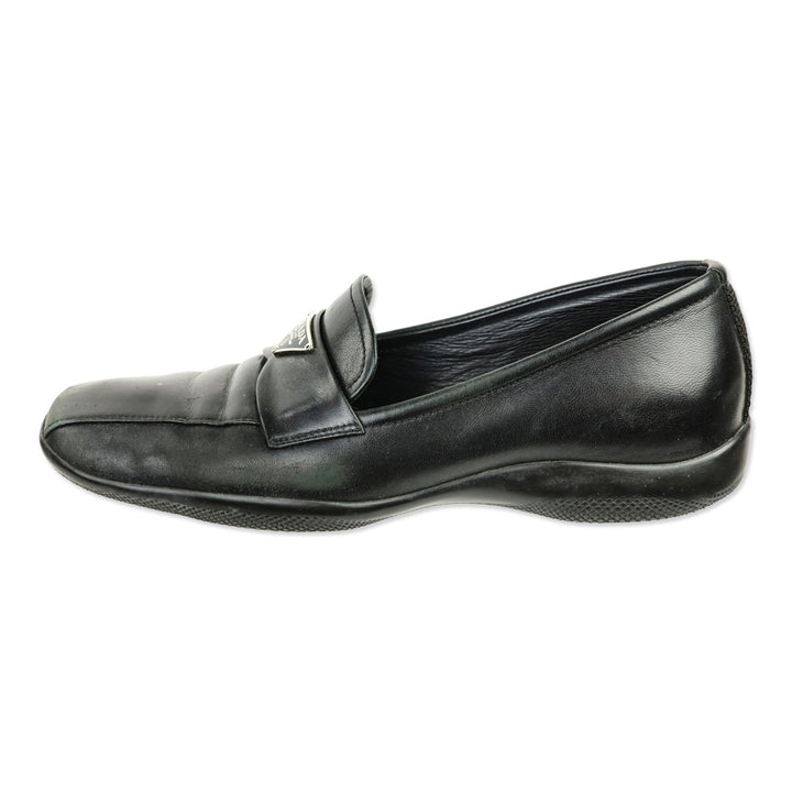 Prada Sport Black Leather Logo Plaque Penny Loafers