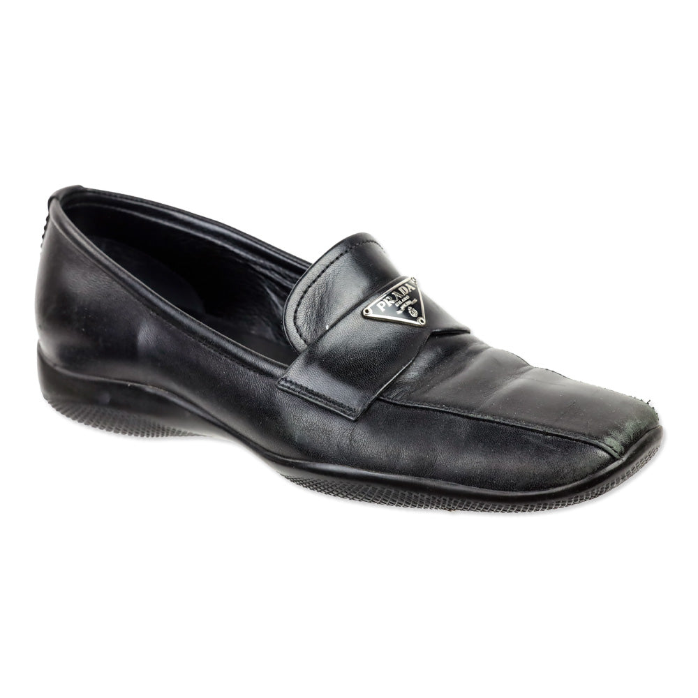 Prada Sport Black Leather Logo Plaque Penny Loafers