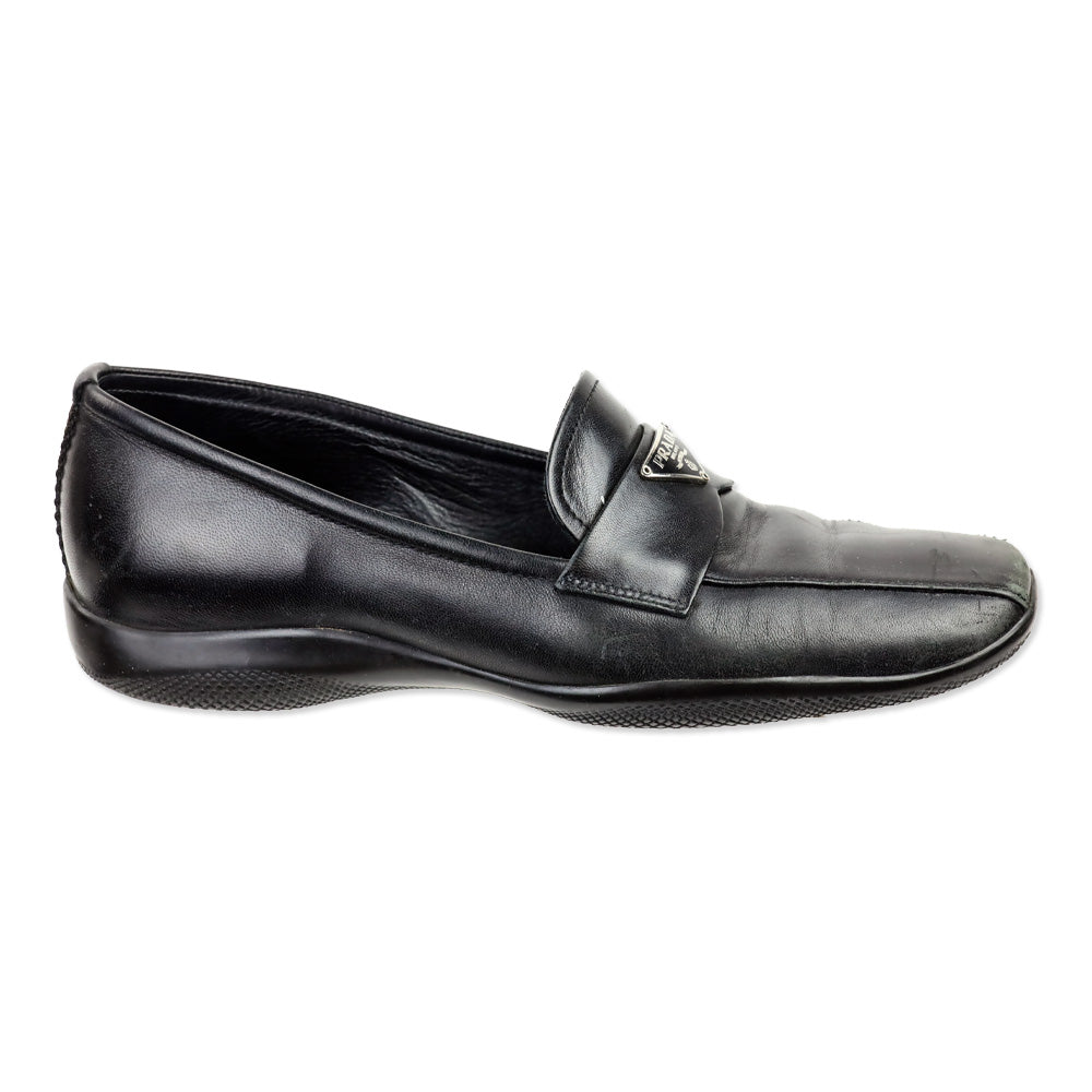 Prada Sport Black Leather Logo Plaque Penny Loafers