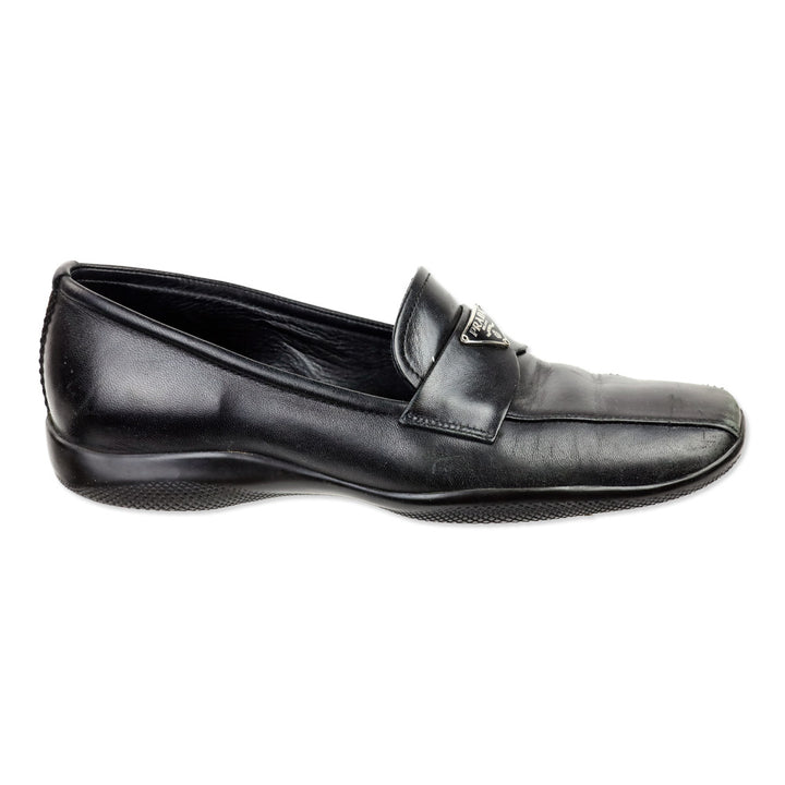 Prada Sport Black Leather Logo Plaque Penny Loafers