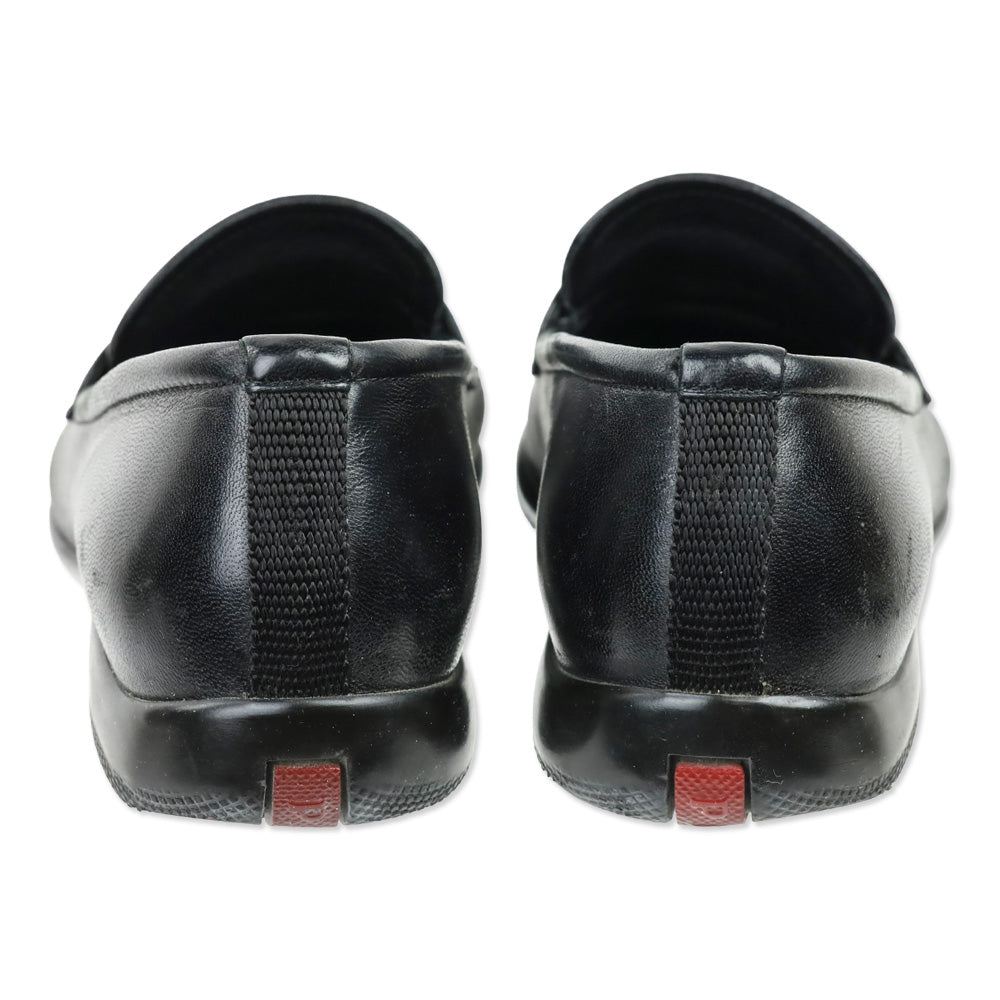 Prada Sport Black Leather Logo Plaque Penny Loafers