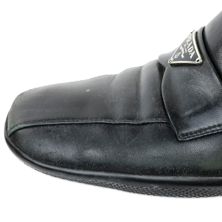 Prada Sport Black Leather Logo Plaque Penny Loafers
