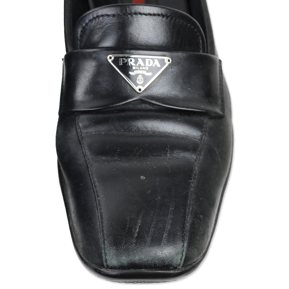 Prada Sport Black Leather Logo Plaque Penny Loafers