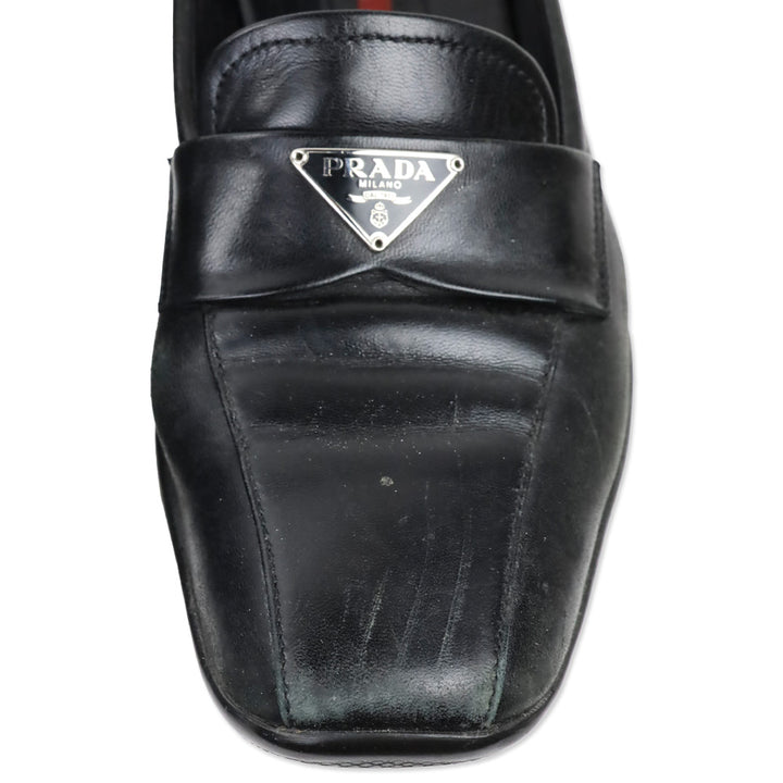 Prada Sport Black Leather Logo Plaque Penny Loafers