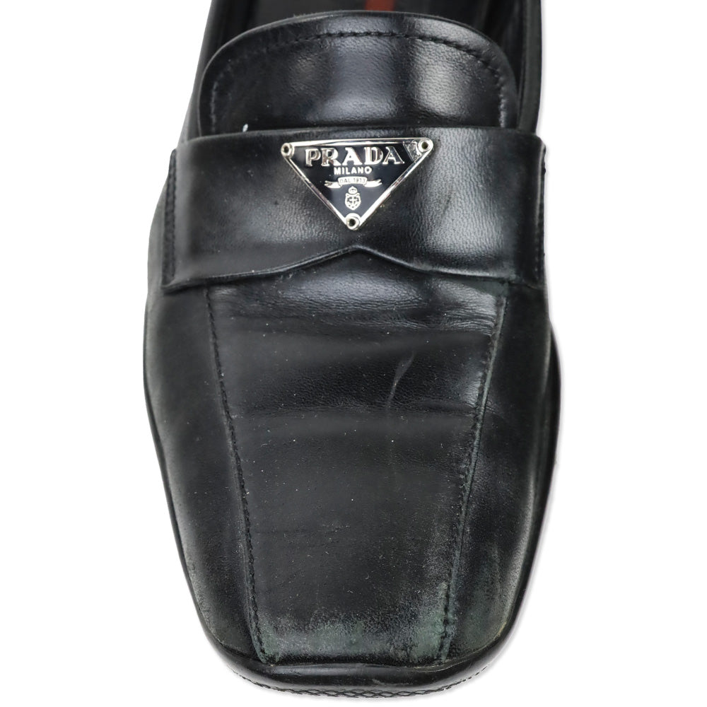 Prada Sport Black Leather Logo Plaque Penny Loafers