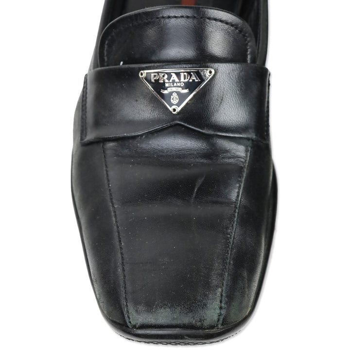 Prada Sport Black Leather Logo Plaque Penny Loafers