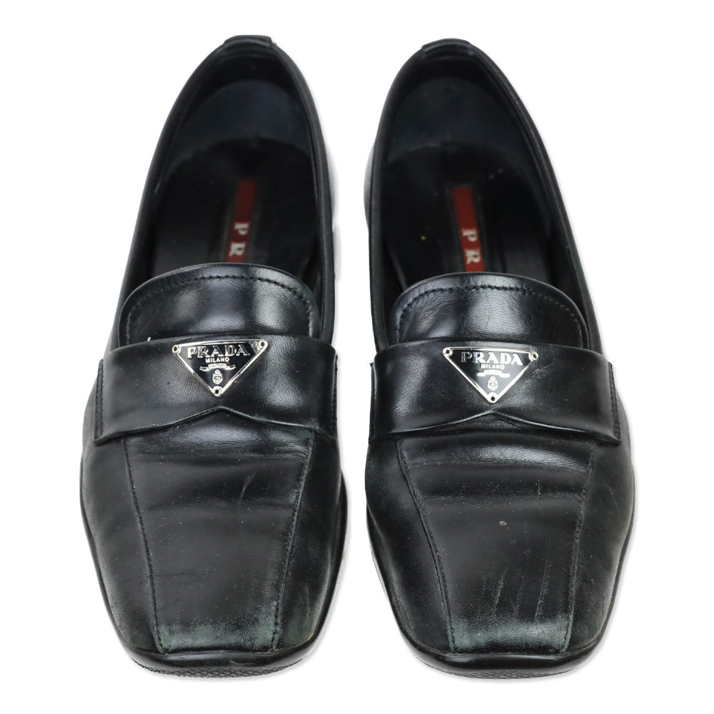 Prada Sport Black Leather Logo Plaque Penny Loafers