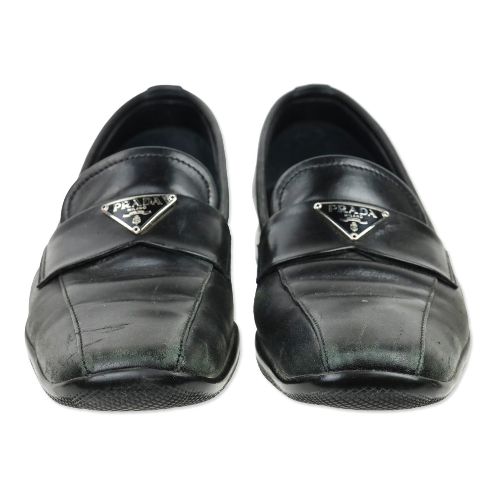 Prada Sport Black Leather Logo Plaque Penny Loafers