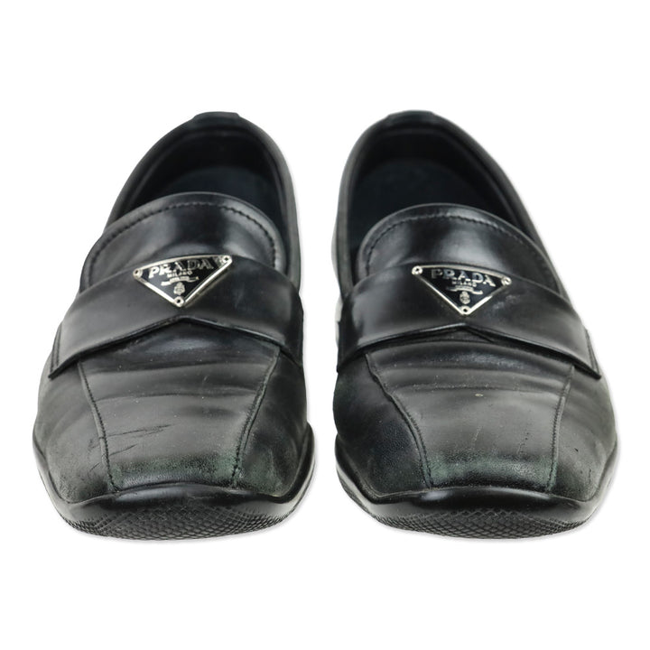 Prada Sport Black Leather Logo Plaque Penny Loafers