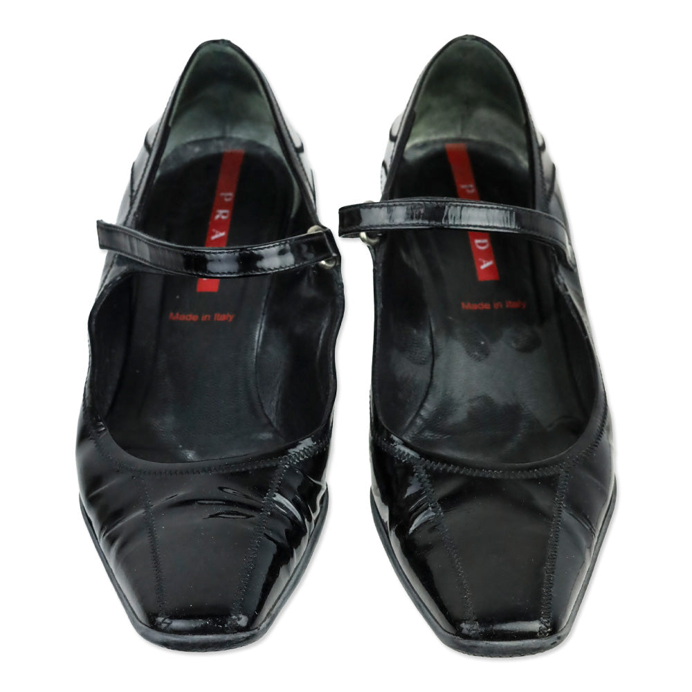 Prada Sport Black Patent Leather Mary Jane Kitten Heels