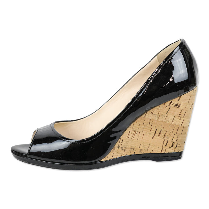 Prada Sport Black Patent Leather Peep Toe Cork Wedge Pumps