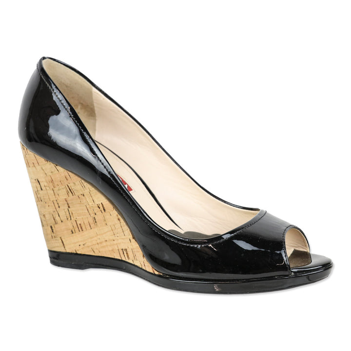 Prada Sport Black Patent Leather Peep Toe Cork Wedge Pumps