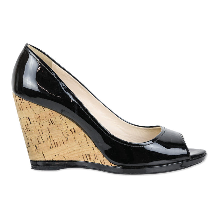 Prada Sport Black Patent Leather Peep Toe Cork Wedge Pumps