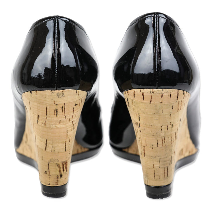Prada Sport Black Patent Leather Peep Toe Cork Wedge Pumps